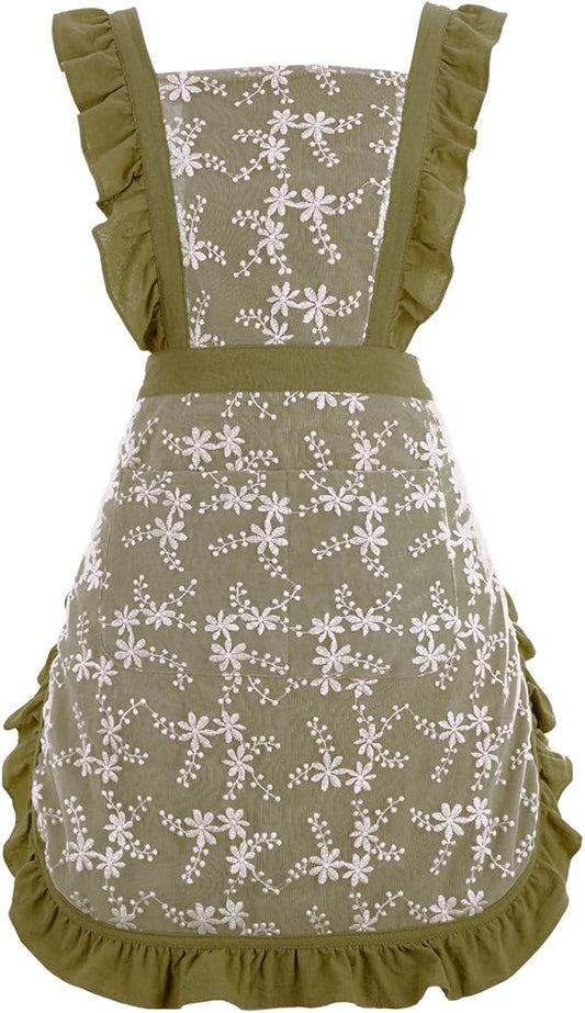Pinknoke Vintage Pinafore Apron Dress for Women with Pockets Cute Floral Chef Aprons for Kitchen Cooking Baking Gardening