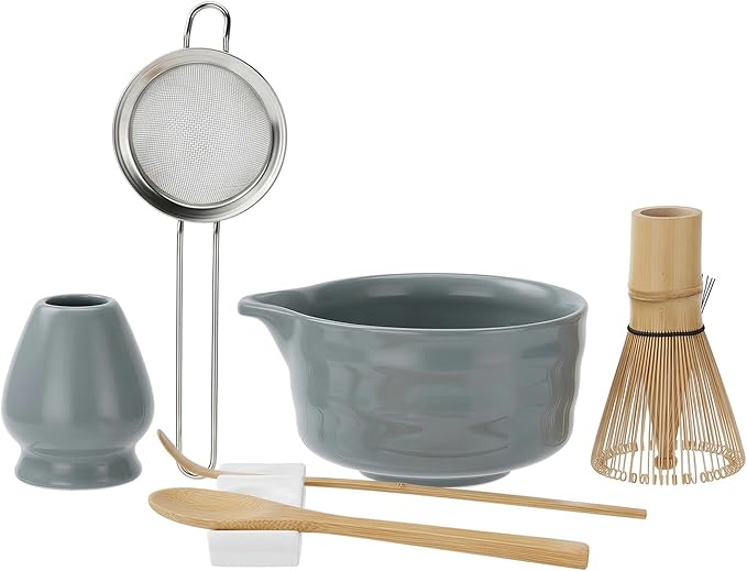 YOLIFE 7 Pcs Matcha Whisk Set, Includes Matcha Bowl with Spout, Bamboo Whisk (Chasen) with Ceramic Holder, Scoop and Powder Spoon, Sifter, Matcha Kit for Ceremony (Gray)