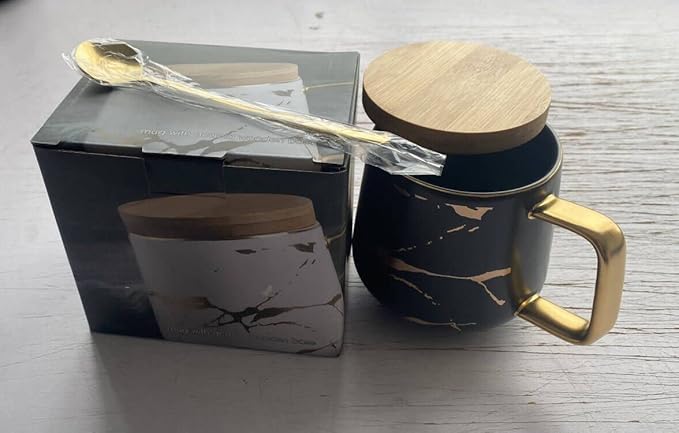 YBK Tech Porcelain Tea Cup Coffee Mug Set for Afternoon Tea - Marble Pattern (White, Tall 400ml + wood lid)
