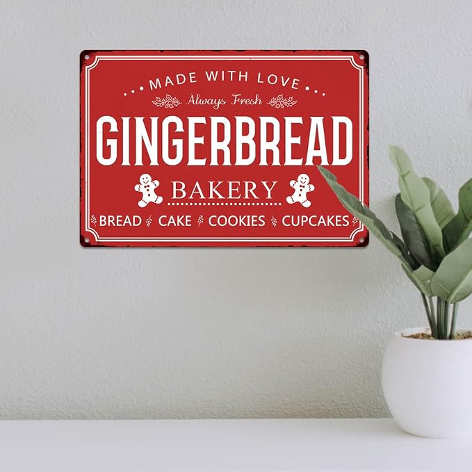 Christmas Signs Home Decor Vintage Art Poster Metal Hanging Plaque Kitchen Cafe Bar Farmhouse Porch Yard Outdoor Indoor Decorations Funny Xmas Gift 8X12 Inch (Gingerbread Bakery Red Sign) - Image 5