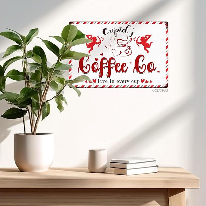 Cupid's Coffee Co Love In Every Cup Tin Sign Love Shack Metal Signs Valentine's Day Wall Art Decoration Home Farmhouse Bar Kitchen Cafe Coffee Corner White Day Decor Romantic Gift 12" x 8" - Image 5