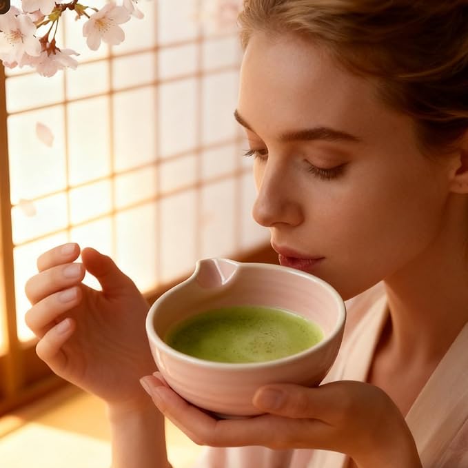5Pcs Japanese Matcha Tea Set - Ceramic Bowl with Spout & Holder, Bamboo Whisk (Chasen), Scoop, Sifter - Complete Traditional Tea Ceremony Kit for Beginners, Gift for Tea Lovers(Pink)