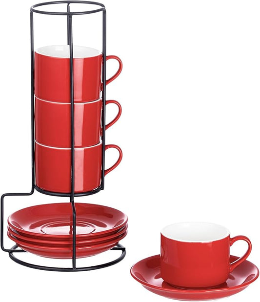 4oz Porcelain Stackable Espresso Cups with Saucers and Metal Stand Set of 4, Stackable Espresso Cups Set of 4, Red Expresso Shots Cup Set for Coffee Drinks, Cappuccino Latte, Americano, Tea