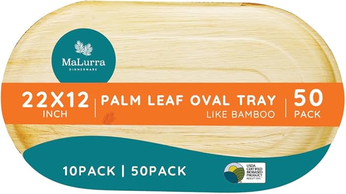 22"x12" Oval Tray - 50 PCs Disposable Serving Palm Platters Like Bamboo Charcuterie Tray | Biodegradable | Disposable | Eco-Friendly, Heavy Duty, Bulk | For Parties, Weddings, BBQs & Catering