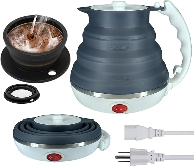 Travel Electric Kettle Small, Collpasible Electric Kettle, Portable Tea Kettle + Paperless Collapsible Pour Over Coffee Dripper, Travel Pour Over Coffee Maker Camping Single Cup (Black)