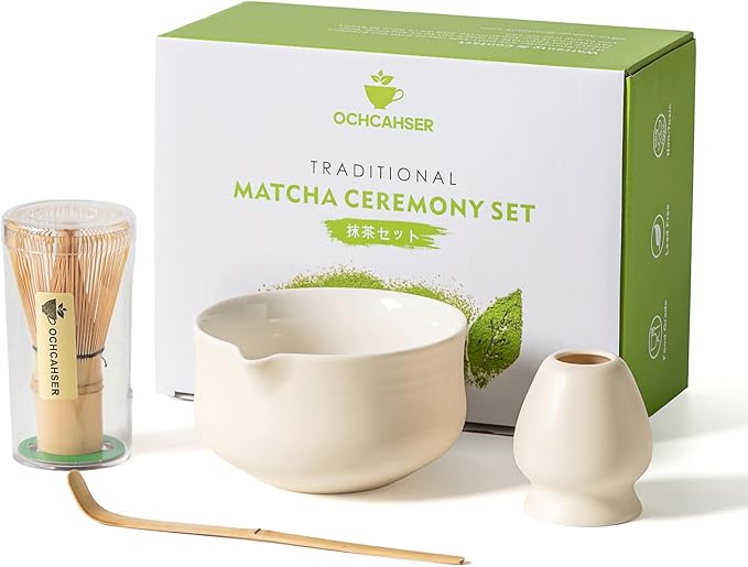 Matcha Set, Japanese Tea Set Includes Matcha Bowl with Spout, Matcha Whisk Holder (chasen), Bamboo Matcha Whisk and Bamboo Scoop, Ceramic Matcha Kit for Tea Lovers