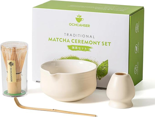 Matcha Set, Japanese Tea Set Includes Matcha Bowl with Spout, Matcha Whisk Holder (chasen), Bamboo Matcha Whisk and Bamboo Scoop, Ceramic Matcha Kit for Tea Lovers