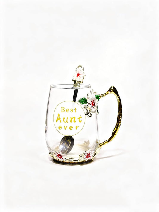 Best Aunt Ever Printed Flower Tea Glass - Hidden in Socks, Perfect Christmas Thanksgiving Gift for Aunt Auntie or Neighbor
