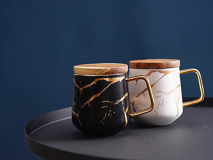 YBK Tech Porcelain Tea Cup Coffee Mug Set for Afternoon Tea - Marble Pattern (White, Tall 400ml + wood lid)