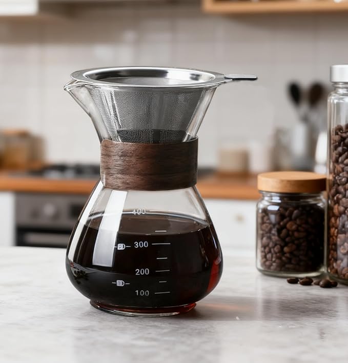 BeeCa Pour Over Coffee Maker Set, Single-Serve Coffee Essential, Reusable Double Stainless Steel Filter + Borosilicate Glass Carafe, Stylish Wood Collar, 2 Cup 400 ml/13.5 oz Portable & Easy Clean