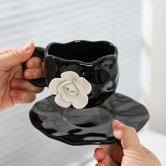 Cute Ceramic Coffee Cups, Unique Fancy Tea Cups with Saucer, 11OZ for Cappuccino Latte Milk