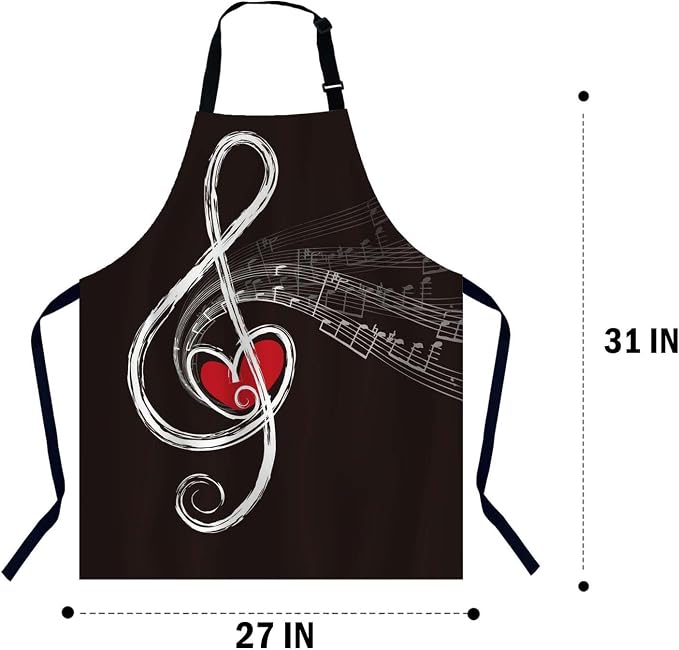 Music Notes with red heart Kitchen Apron for Women Men, Adjustable Apron Chef Bakers Apron Cooking Apron Cooking Baking Gardening, 31 X 27 Inch - Image 2