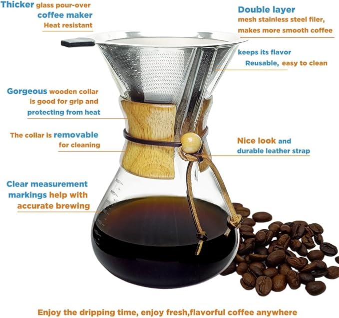 Subjectthree Classic Pour Over Coffee Maker Set 28oz Glass Coffee Carafe Dripper with Stainless Filter for Camping Home Office Cafes Easy Clean (8 Cup/28 oz)