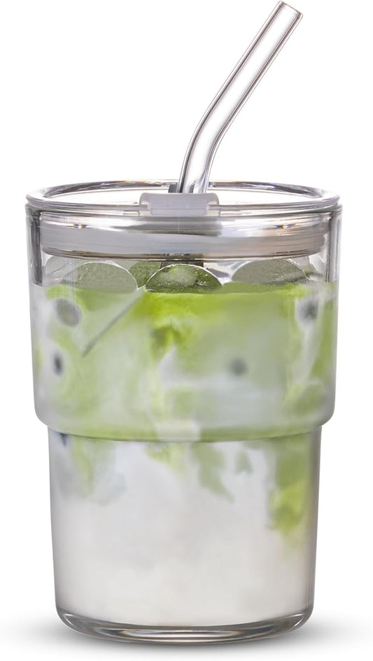 13oz/400ml Tumbler Water Glass, Cups with Straw and Lid Sealed Carry on for Coffee, Iced Tea, Thick Wall Insulated Glass Cup(white)