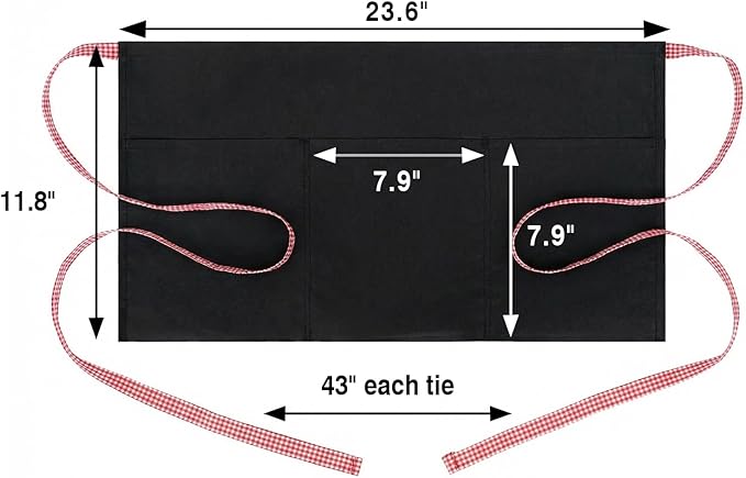 BOHARERS 3-Pocket Waist Apron With Red And White Plaid Shoulder Straps - Black Waitress Waiter Server Short Aprons