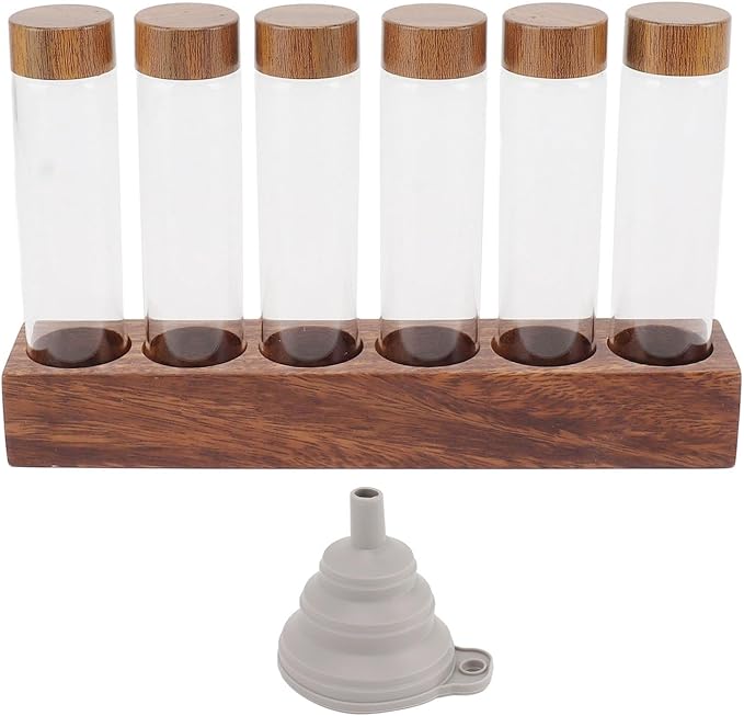 Fockety Coffee Bean Storage Tubes Single Dose, 6PCS or 12PCS Coffee Bean Cellar, Dosing Glass Vials with Lids, Wooden Display Stand and Funnel, Airtight Sealed Glass Canister Jars Tubes