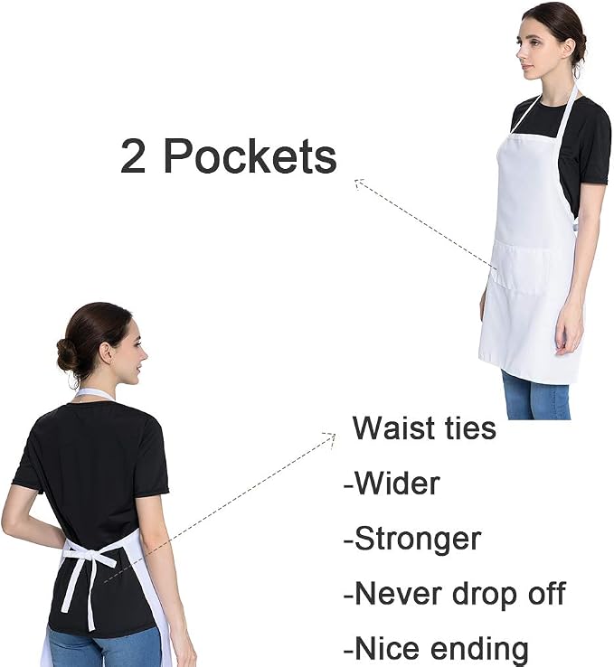 Total 6PCS White Apron for Women Adult Unisex Plain Color Bib aprons with 2 Front Pockets Washable Chef Aprons for Cooking Baking Kitchen Restaurant Crafting - Image 3