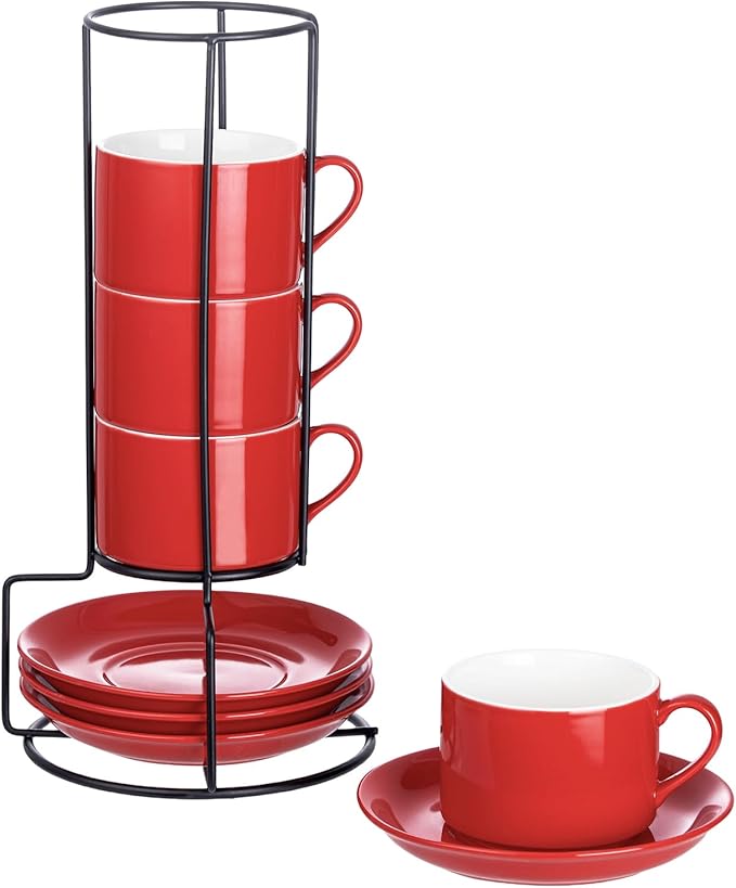8oz Porcelain Stackable Cappuccino Cups with Saucers and Metal Stand Set of 4, Cappuccino Cups Set of 4, Red Coffee Cups for Espresso, Specialty Coffee Drinks, Latte, Americano and Tea