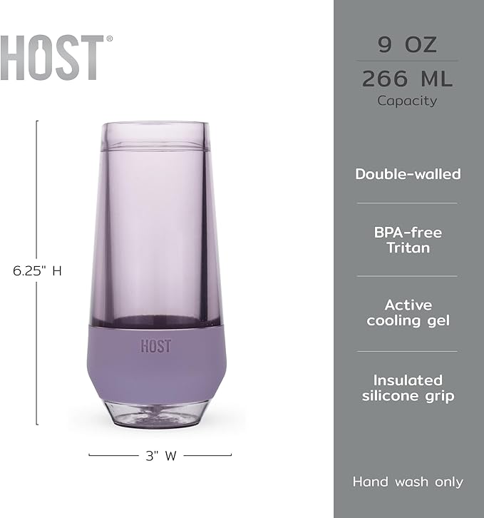 Host Champagne FREEZE Double-Walled Stemless Wine Glass for Sparkling Wine, Glasses Drinking Set Cooling Cups, 9 Oz Plastic Colored Glassware, Deep Lilac Purple Set of 2