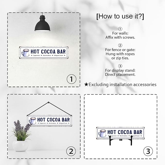 Hot Cocoa Bar Metal Sign Peppermint Marshmallows Whipped Cream Christmas Vintage Hanging Plaque for Home Kitchen Yard Office Cafe Coffee Bar Front Door Wall Decor Novelty Gift 16" x 4" - Image 3