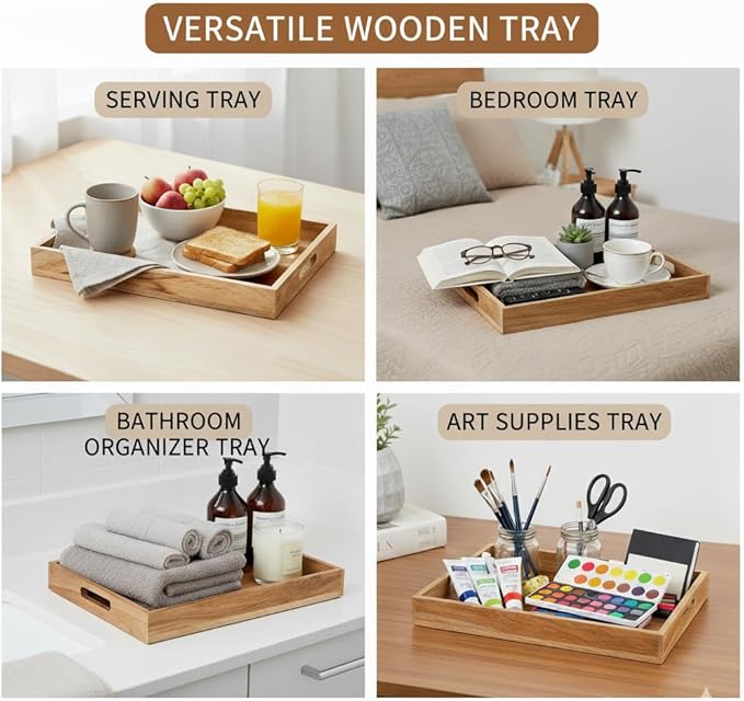 Mela Artisans Wooden Serving Tray with Handles | 15x10x1.75 inch | Mango Wood Decorative Tray | Ottoman Tray | Snacks | Desserts | Breads | Coffee Table | Bedroom | Rectangular Edge Design