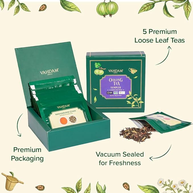 VAHDAM Assorted Oolong Tea Sampler Gift Set (5 Flavors) Gluten-Free, Non-GMO | 5 Unblended Loose Leaf Teas | Tea Variety Pack | Gift for Women & Men