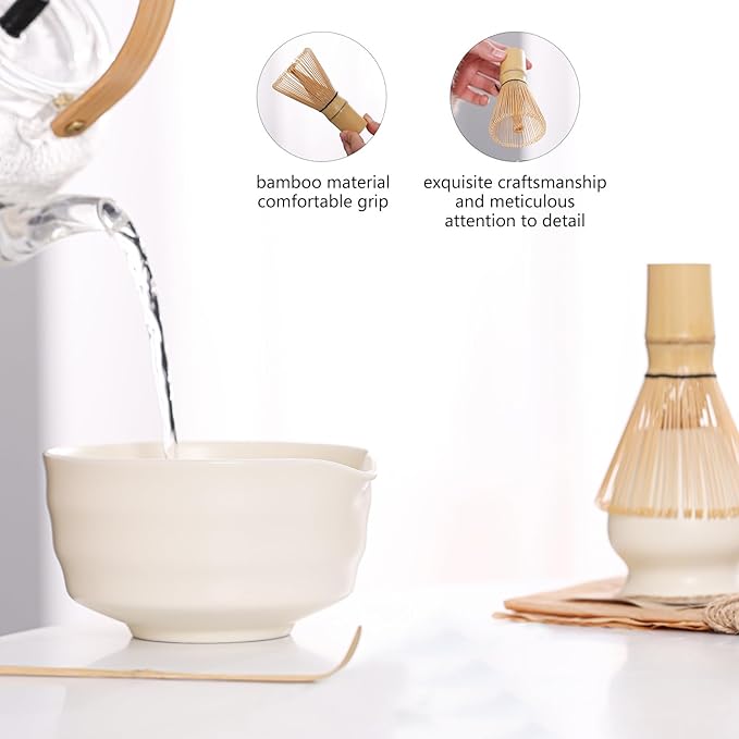 Matcha Tea Set – Traditional Japanese Ceremony Kit with 18.5OZ Ceramic Bowl, Bamboo Whisk, Scoop, and Holder – Ideal for Authentic Matcha Preparation and Gifting (Cream White)