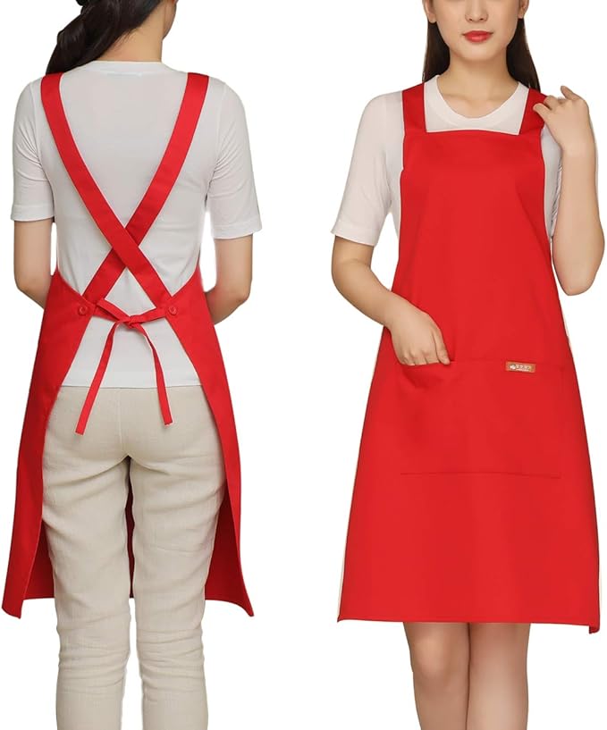 NEWGEM 100% Cotton Cross Back Apron for Women with 2 Pockets - Adjustable Button Straps Pinafore, No Neck Pain Kitchen Chef Apron for Cooking, Catering, Housewife (Red) by NEWGEM