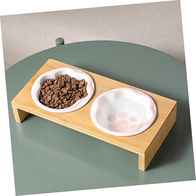 Bamboo Elevated Cat Bowl Ceramic Material Whisker-Friendly Bowl for Kitten Vomiting Relief