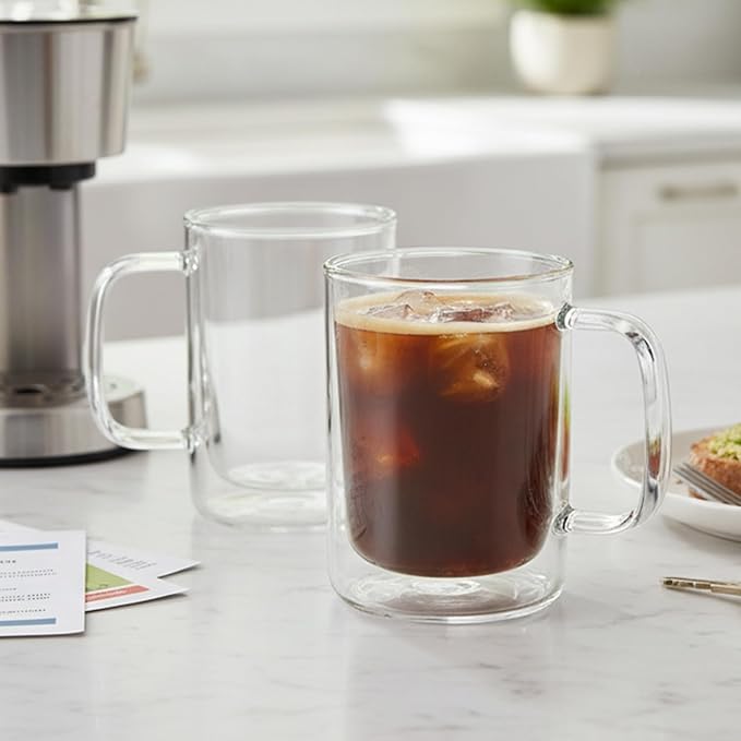 Aquach 12 oz Double Walled Glass Coffee Mugs with Handle, 2-Pack - Ideal for Latte, Cappuccino and Tea
