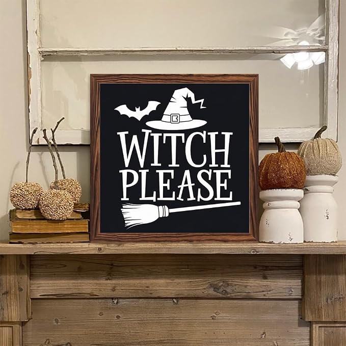 Vintage Witch Please Wooden Sign, With Frame Witch Broom, Bats Elements Decorative Sign for Bedroom, Kitchen, Cafe, Bar Wall Decor, Halloween Decor 7.87x7.87 Inch - Image 6