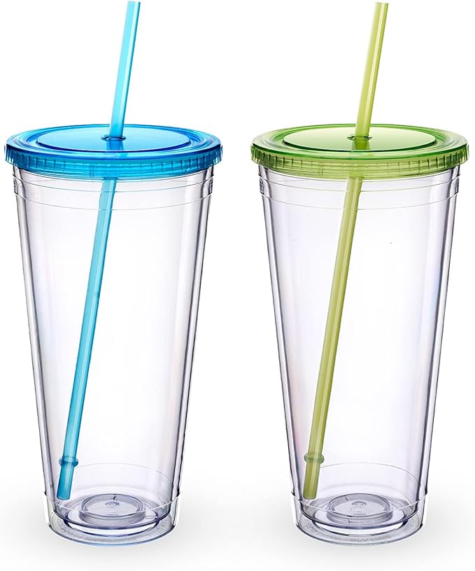 Zukro Clear Acrylic Tumbler with Straw and Lid 32 oz, Double Walled Insulated Reusable Plastic Iced Coffee Cup, To Go Cup Perfect for Parties, Birthdays, Fit in Cupholder, BPA Free, 2 Pack