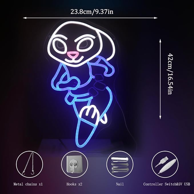 “Running Rabbit” Neon Light - LED Anime Light Wall Art for Kids Room, Playroom, Game Room, Dorm, or Comic Fan Decor, Dimmable USB, Awesome Gift for Children or Friends - Image 5