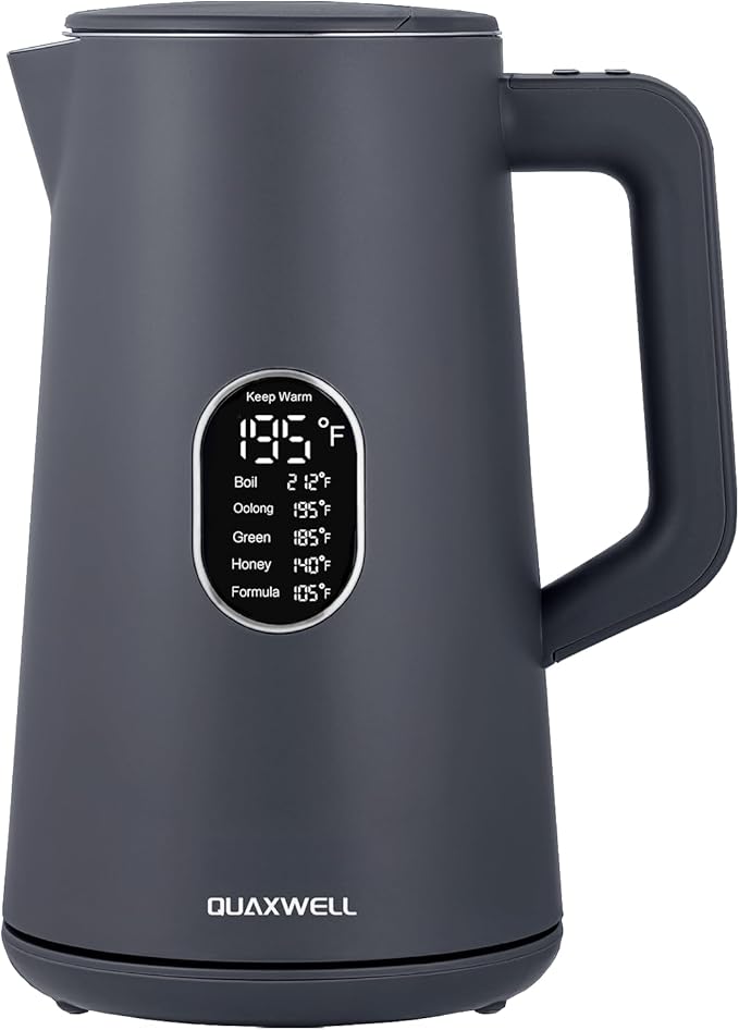 1.5L Electric Kettle Stainless Steel, Double Wall Cool Touch Teapot, Fast Boil,5 Temperature Control, LED Display, Auto Shut-Off, BPA-Free,Keep Warm Function, Ideal for Tea & Coffee (Gray)