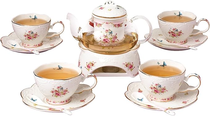 Jusalpha® Vintage Porcelain Flower Series Tea Sets, Tea Cup Saucer Set with Teapot Warmer- Filter and Spoon, 16pcs in 1 set (16pcs set)