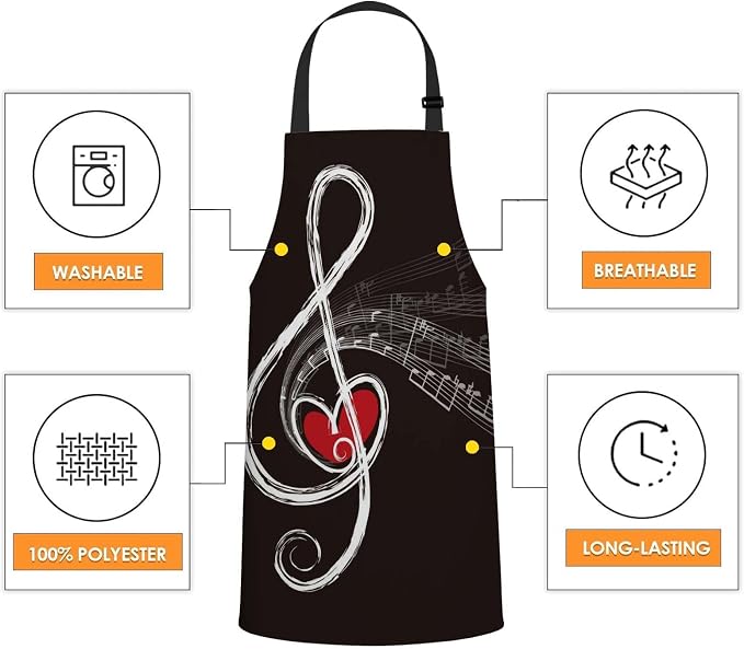 Music Notes with red heart Kitchen Apron for Women Men, Adjustable Apron Chef Bakers Apron Cooking Apron Cooking Baking Gardening, 31 X 27 Inch - Image 4