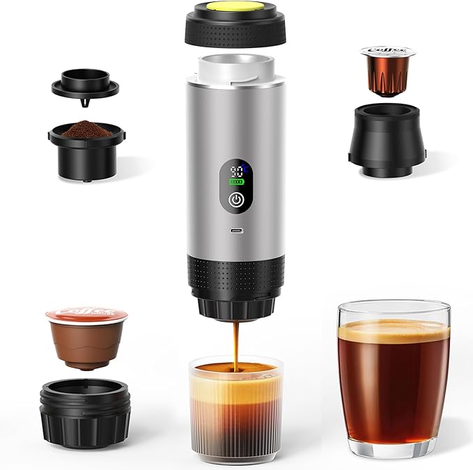 3-in-1 Portable Electric Espresso Machine–20Bar Self‑Heating camping coffee maker with 7500mA Battery,Display,compatible with Large/Small Capsules&Coffee Powder for Travel,Camping,Car&Office