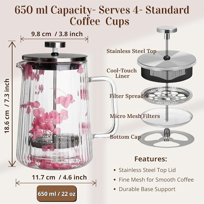Glass French Press Coffee Maker 22oz (Pink Floral) – Double-Wall Borosilicate Ribbed Coffee Press with Stainless Steel Filter, Manual Coffee Brewer & Tea Press