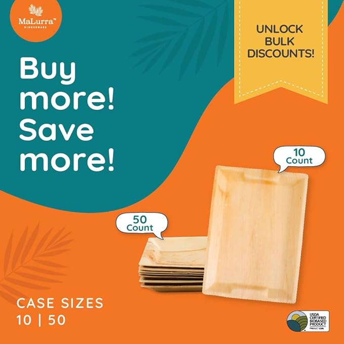 14"x10" Rectangle Tray - 50 PCs Disposable Serving Palm Platters Like Bamboo Charcuterie Tray | Biodegradable | Disposable | Eco-Friendly, Heavy Duty, Bulk | For Parties, Weddings, BBQs & Catering