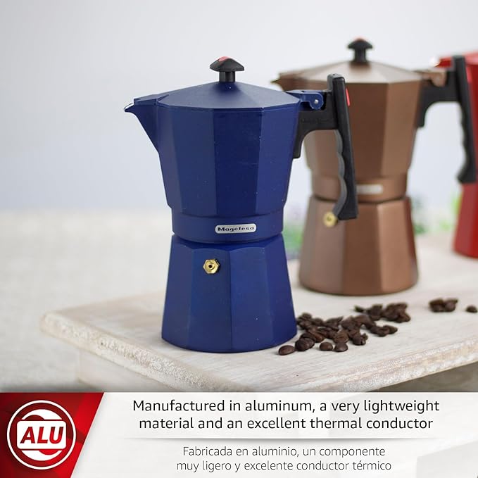 Magefesa Colombia Blue Stovetop Espresso Moka Pot, 6-Cup/10 oz, Italian Coffee Maker for Cuban Coffee, Extra-Thick Aluminum, Heat-Resistant Handle, Safe & Easy-to-Use, Greca Coffee Maker