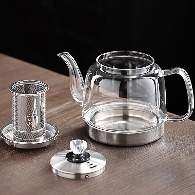 Induction Cooker Special Glass Teapot, Heat Resistant Borosilicate Glass Teapot With Stainless Steel Inner Filter for Loose Tea,tea Kettle Stovetop Clear Glass Flowe A-1.4L