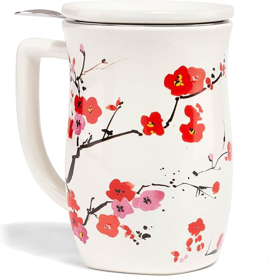 Tea Forte Ceramic Fiore Cup with Handle, Removeable Stainless Steel Infuser Basket and Lid, Steeps 14 oz Loose Leaf Tea, Dishwasher & Microwave Safe, Sakura