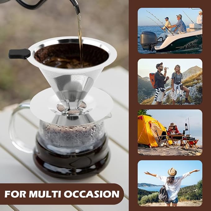 Pour Over Coffee Dripper,Upgraded Double Micro Mesh Filter With Cleaning Brush & 15g Measuring Scoop,Stainless Steel Reusable Coffee Filters Metal Cone-Filter Paperles(1-2cups)