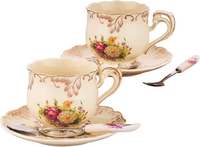 Tea Cups and Saucers Set of 2, 8 Oz Ivory Floral Porcelain Teacup and Saucer Set with Gold Trim, Vintage Tea Cups with Spoon, European Style (Colorful Floral)