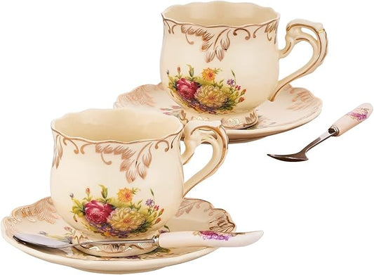 Tea Cups and Saucers Set of 2, 8 Oz Ivory Floral Porcelain Teacup and Saucer Set with Gold Trim, Vintage Tea Cups with Spoon, European Style (Colorful Floral)