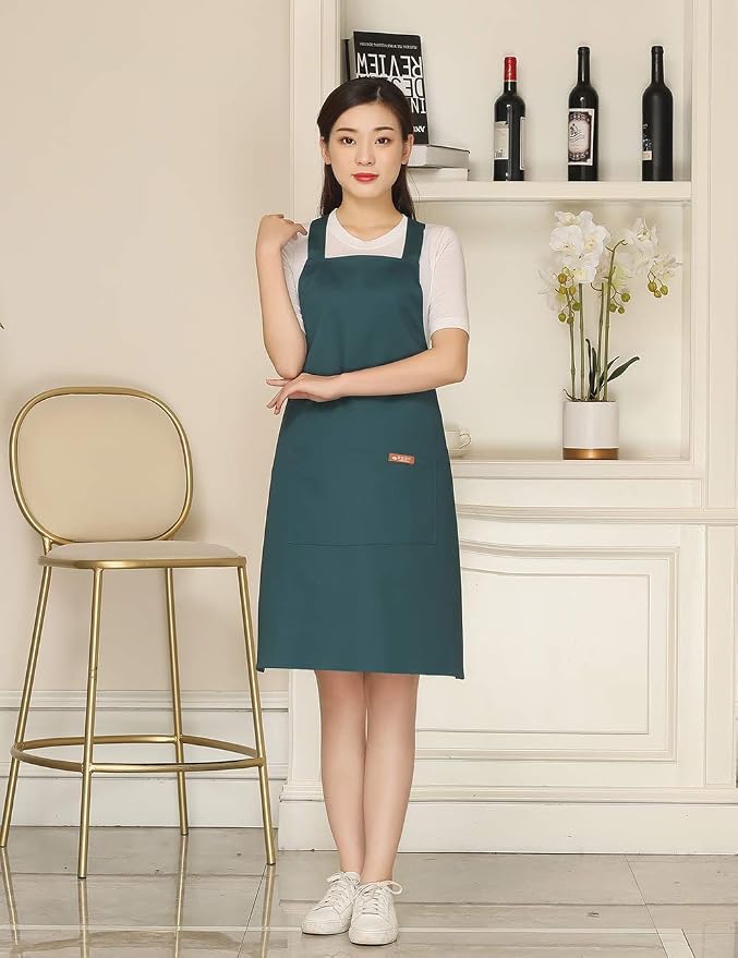 NEWGEM 100% Cotton Cross Back Apron for Women with 2 Pockets - Adjustable Button Straps Pinafore, No Neck Pain Kitchen Chef Apron for Waitress, Barista, Florist (Dark Green) - Image 2