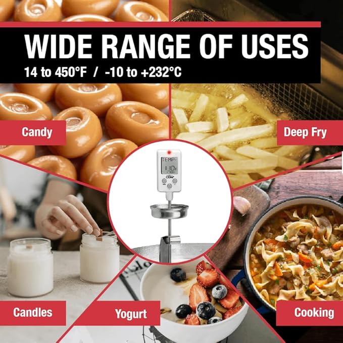 CDN Digital Thermometer Long 8'' Stainless Steel Stem, Adjustable Pot Clip, Preset Candy Stages with Audio/Visual Alerts, Instant Read For Cooking, Deep Frying & Oil - DTC450