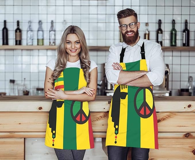 WONDERTIFY Reggae Culture Concept Design Apron,Jamaican Music Culture Hippie Rasta Style Yellow Green Red Bib Apron with Adjustable Neck for Men Women,Suitable for Home Kitchen Cook Baking BBQ Apron