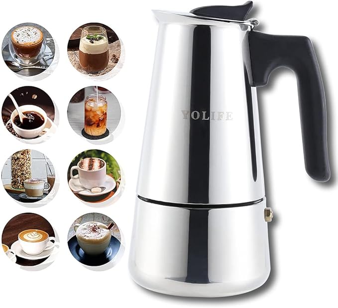 YOLIFE Stovetop Espresso Coffee Maker, Induction Stainless Steel Italian Moka Pot, Pressure Heat Cooking Coffee for Italian Espresso, Cappuccino and Latte, 300ml / 10oz / 6 Espresso Cup (1 Cup=50ml)