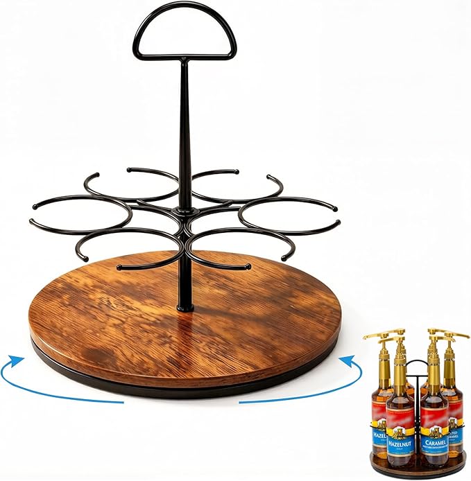 Rotating Coffee Syrup Organizer - Wooden Turntable Rack Holds 6 Bottles, Countertop Bar Station Display Stand for Coffee Syrups, Wine, and Large Bottles